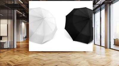 Realistic umbrella. Parasol mockup for branding. Opened waterproof sun canopy top view. Black and white blank design. Automatic tents. Vector rain protection 3D stylish accessories set Wall mural