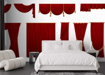 Red curtains. Cartoon window interior decoration elements. Velvet fabric and luxury kitchen textile. Theater stage and opera scene drapery. Hanging cloth. Vector drape templates set Wall mural