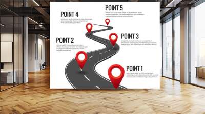 road infographic. curved road timeline with red pins checkpoint. strategy journey highway with miles Wall mural