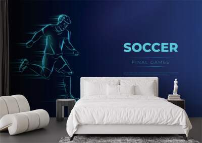 Soccer player. Man playing with ball. Glowing neon sportsman silhouette. Footballers action. Sport competition. Football match. Goal shot in game. Pass in motion. Vector background Wall mural