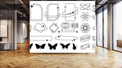 Sparkle elements. Aesthetic line frames. Digital shape symbols. Trendy 90s border. Simple icons for packaging design. Black silhouette butterfly. Half tone figures. Vector signs set Wall mural