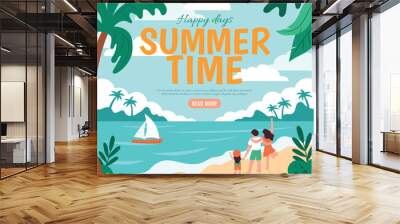 Summer beach, blue ocean water, family event. Sunny palms and vacation shopping, palm trees, sea travel, man and woman on seashore, tropical island resort. Vector illustration banner template Wall mural