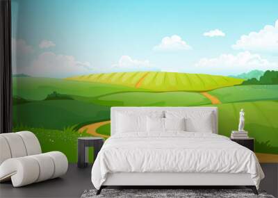 Summer fields landscape. Cartoon countryside valley with green hills blue sky and curly clouds. Vector rural nature horizon pasture view Wall mural