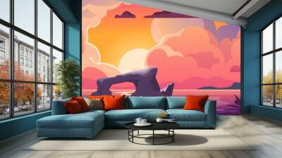 Sunset ocean. Cartoon landscape in evening or morning. Cloudy sky and sea beach with cliff. Color gradient and reflection in water. Rest on seashore, summer vacation, vector seascape illustration Wall mural