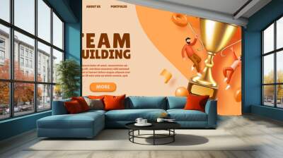 Team building landing page design. Winners and trophy cup, champion award, people win competition, success employee leaders. Company teamwork. 3d render elements. Vector design template Wall mural