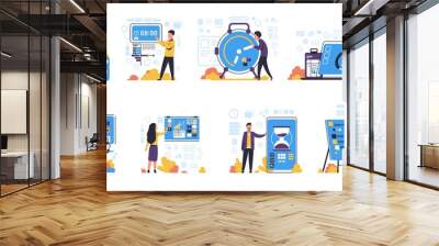 Time management. Organizing task and schedule planning, isolated concepts of productivity improvement and effective agenda. Vector set flat image people with clock for office work organizing Wall mural