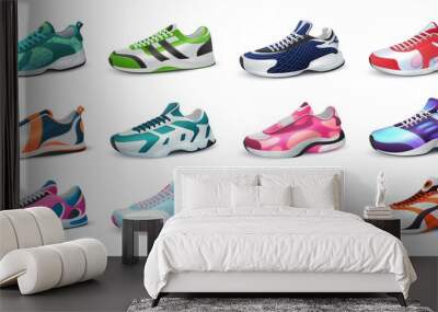 Various realistic sneakers. Colorful footwear. Isolated collection of modern sport shoes for fitness training, jogging and everyday wearing. Shop advertising, logo template. Vector casual clothes set Wall mural