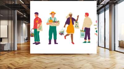 Vegan lifestyle. Cartoon people with organic food and natural products. Isolated men and women carrying eco bags with purchases, growing ecology vegetables and fruits. Vector young vegetarians set Wall mural