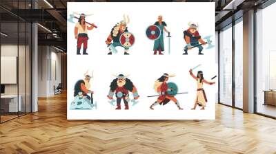 Viking characters. Cartoon scandinavian mythology warrior people, funny male and female in norway viking costumes. Vector set illustrations women and men medieval warriors Wall mural