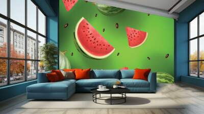 Watermelon background. Melon slice and whole, fruit pattern for juice and ice-cream, water melon fruity summer yummy flavour. Horizontal banner, isolated elements. Vector design, template Wall mural