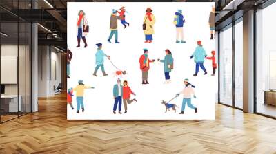 Winter people. Cartoon men and women wear casual warm clothes. Isolated young or senior persons walking with dogs and children. Outdoor friends meeting. Cold season activities, vector modern flat set Wall mural