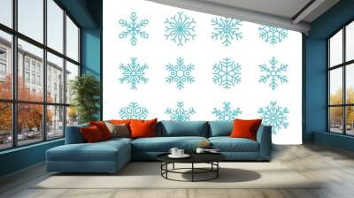 Winter snowflake. Christmas symmetric crystal snow. Frozen flake in line style. New Year holiday decoration. Cold weather abstract symbols set. Frost blue signs. Vector illustration Wall mural