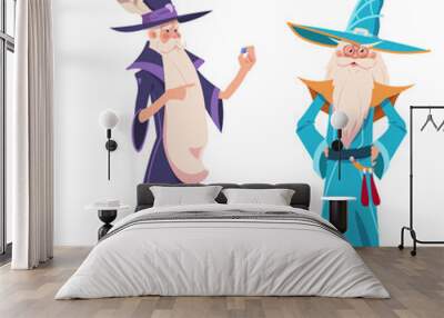 Wizards. Characters in robes costume and hats with silver beard. Old men hold magic stone. People isolated. Cartoon sorcerer and alchemist. Vector witchcraft mascot illustration Wall mural