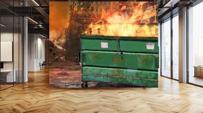 Dumpster Fire Society in Crises features a dumpster with fire coming out the top with a burnt-out city in the background. Wall mural