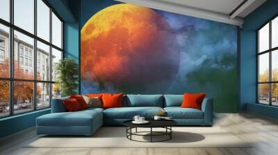 Full Orange Harvest Halloween Moon in the Clouds features clouds rolling by a large orange full moon. Wall mural