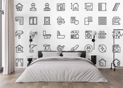 Line icons about home renovation as comprehensive reforms, rehabilitation, construction, architecture and interior design. Editable stroke and pixel perfect. Wall mural