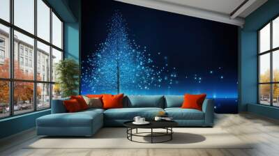 Christmas tree illustration with blue neural connect dots lines. Generative Ai. Wall mural