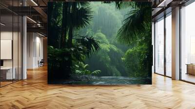 Tropical rainforest scene with heavy rainfall and lush vegetation Wall mural