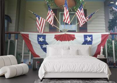 American Flags and bunting Hung on Porch of House Wall mural