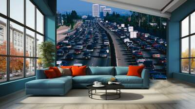 This is rush hour traffic on the 405 Freeway at sunset. There are 10 lanes of traffic total showing both sides of the freeway. There are cars stopped in every lane. Wall mural