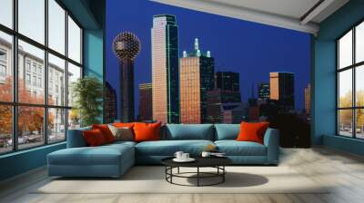 This is the skyline at dusk. It shows the Reunion Tower which is 50 stories high. Wall mural