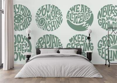 Groovy lettering set. Retro slogan collection in round shape. Trendy groovy print design for poster, card, tshirt. Wall mural