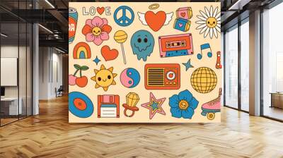 Groovy set hippie 70s. Cartoon flower rainbow peace Love heart daisy mushroom etc. Sticker pack in trendy retro style.  Wall mural