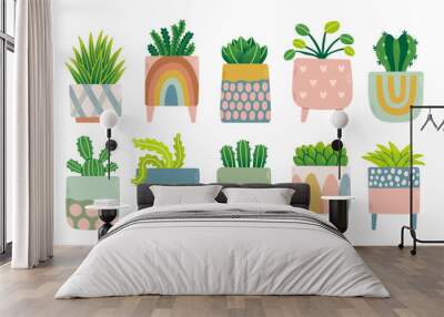 House plants set in colorful flowerpots. Trendy home decor with plants vector illustration. Flowers in pot Wall mural