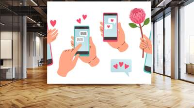 Love message set. Hand holding phone with love or like notification messages, Valentines day design concept Wall mural