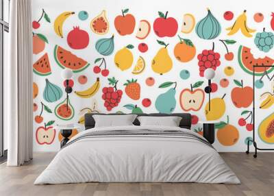 Set of different fruits and berries. Collection of organic vitamins and healthy nutrition. Watermelon, banana, peach Wall mural