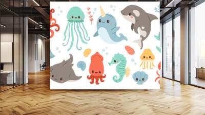 Set with hand drawn sea life elements. Vector doodle cartoon set of marine life objects for your design.  Wall mural