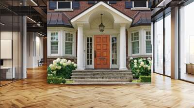 Front door of traditional two story house with portico entrance and hydrangea flowers Wall mural