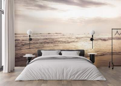 Sea beach surf waves landscape at sunset with dramatic sunset sky vintage style beige colors Wall mural