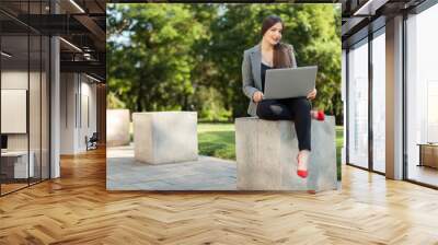 Attractive business woman sitting in park with laptop and looking at camera Wall mural