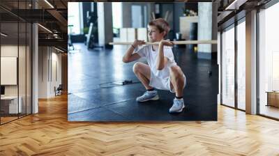 Children's fitness. A teenager trains with a body bar in a modern gym. Healthy lifestyle Wall mural