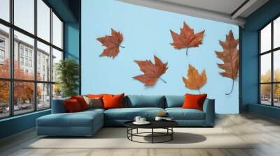 Dry fallen leaves on a blue background. Autumn time Wall mural