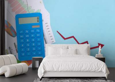 Falling arrow tending down, graphs and charts, calculator on a blue background. Symbol of the global crisis Wall mural