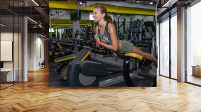 Fit young woman doing exercises on trainer back machine in the gym. Bodybuilding and fitness Wall mural