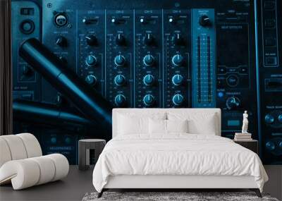 Night club, nightlife concept. Disco. Two microphone on DJ remote. Neon red blue light Wall mural