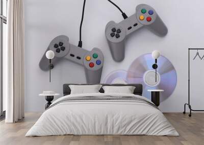 Retro gamepad and CD's on white background. Gaming, video game competition. Top view Wall mural