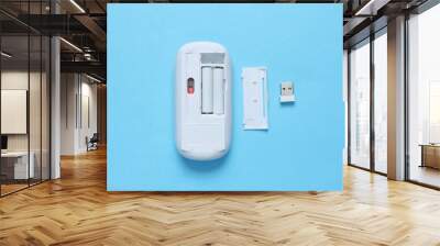 Wireless PC mouse and batteries on a blue background Wall mural