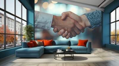 Two professionals engaging in a handshake to finalize a business agreement indoors during the daytime at a corporate office Wall mural