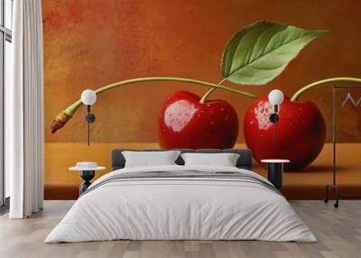 Two red cherries with a green leaf on a wooden surface. Wall mural