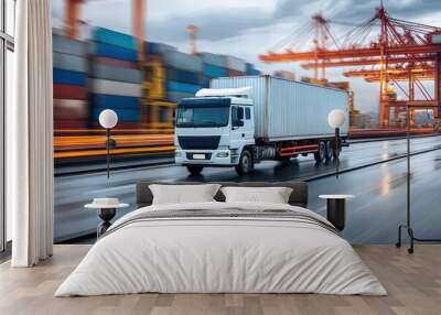 White semi-truck driving on a wet highway near a port. Wall mural