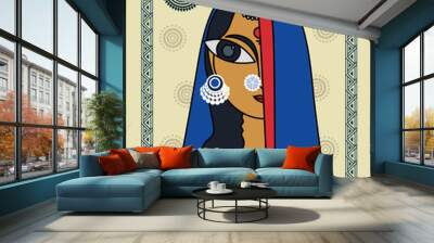 Beautiful indian women in modern painting. kalighat art showing indian lady in Traditional wear.  illustration drawing, painting, wall art. Wall mural