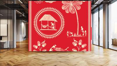 Indian rural life in art painting. Rural area with beautiful nature in warli wall painting. Illustration, Vector, Drawing. Wall mural