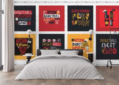 Set of vector illustrations for Turkish basketball. Motivation quotes, phrases. Sport fashion print for t shirt, text  born to win, play to win. Handwritten Modern lettering, hand drawing, symbol. Wall mural