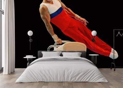 men gymnast exercise on pommel horse in black background Wall mural