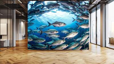 A school of fish in the turquoise waters, a breathtaking underwater world. Fisheye composition highlighting the intricate details of each fish and the swirling patterns of their Wall mural