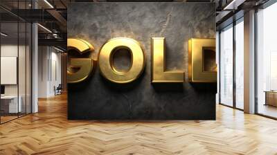 Golden Gold Word on Dark Textured Background, 3D Render, luxury, wealth, precious ,gold, wealth Wall mural